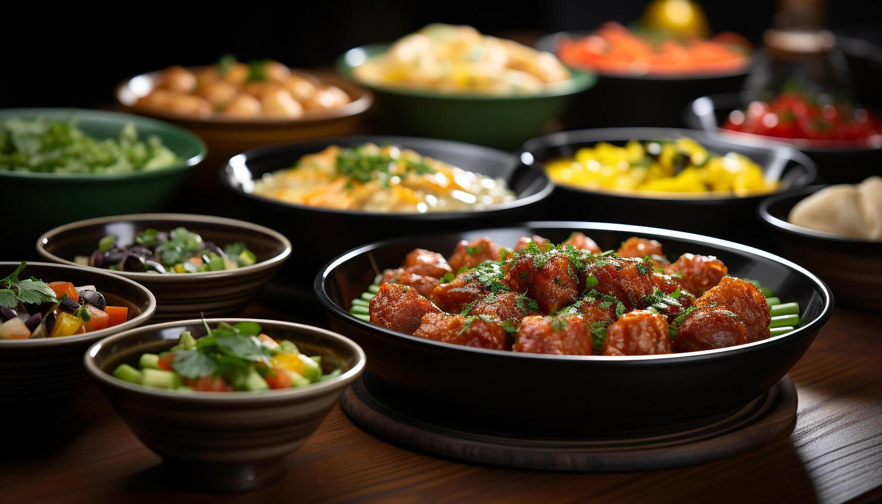 Freshness and variety on a wooden table, healthy gourmet meal generated by AI photo