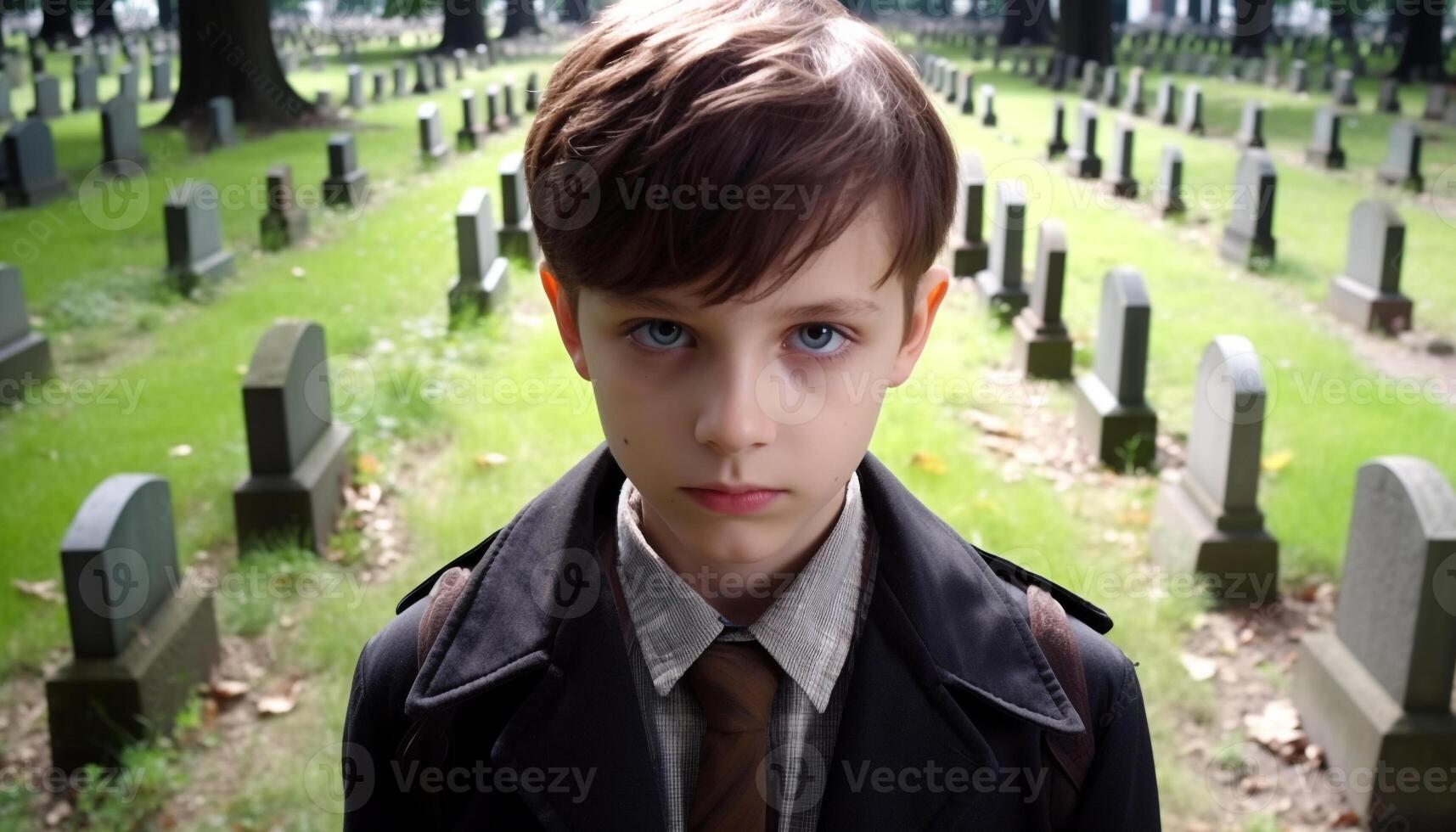 Serious boy, outdoors, looking at camera, grief, standing alone generated by AI photo
