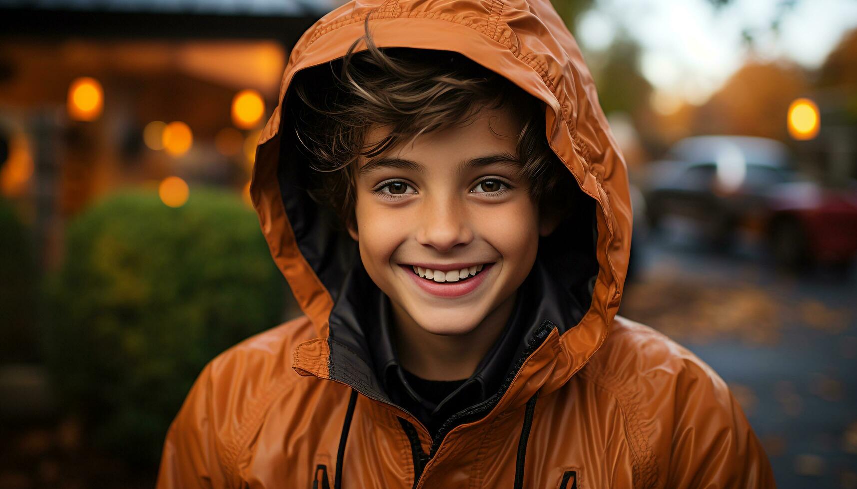 sonriente niño al aire libre, felicidad en mojado otoño naturaleza retrato generado por ai foto