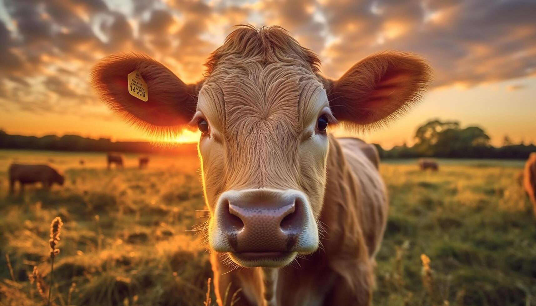 vacas pacer en el prado, bañado en puesta de sol dorado ligero generado por ai foto