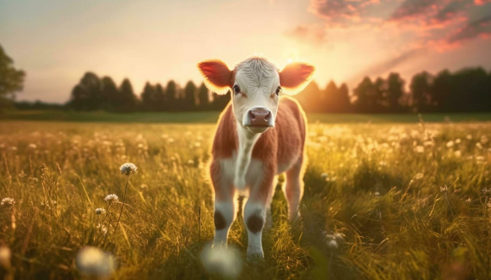 Cute cow grazing on green meadow, nature beauty at sunset generated by AI photo