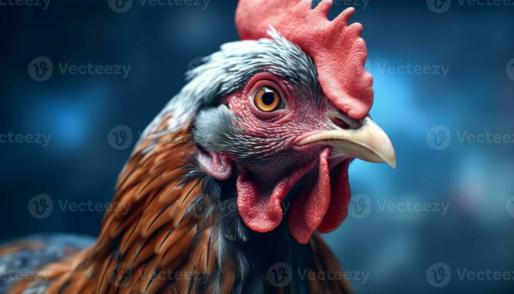 A majestic rooster stands in a rural farm, looking at camera generated by AI photo