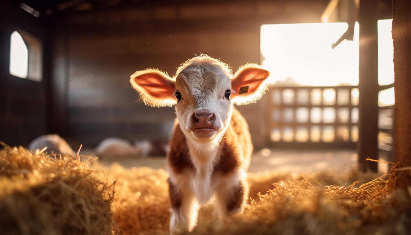 Cute cow grazing on a meadow, looking at the camera generated by AI photo