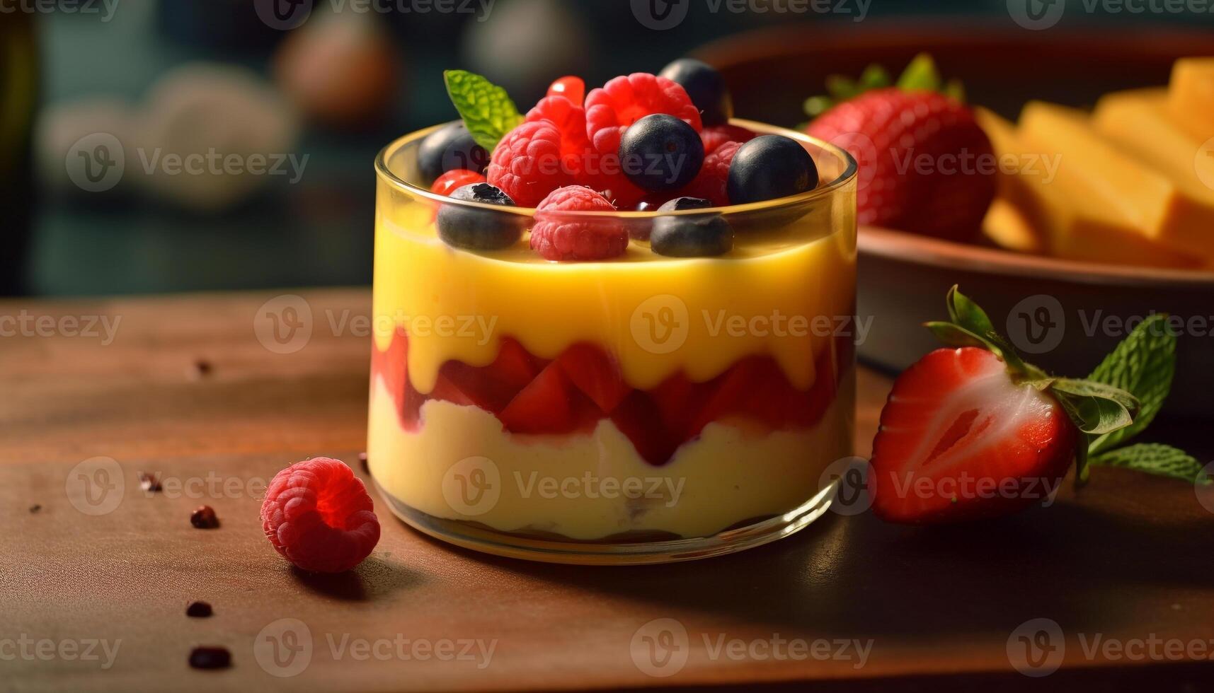 Freshness and sweetness of berries on a wooden table dessert generated by AI photo