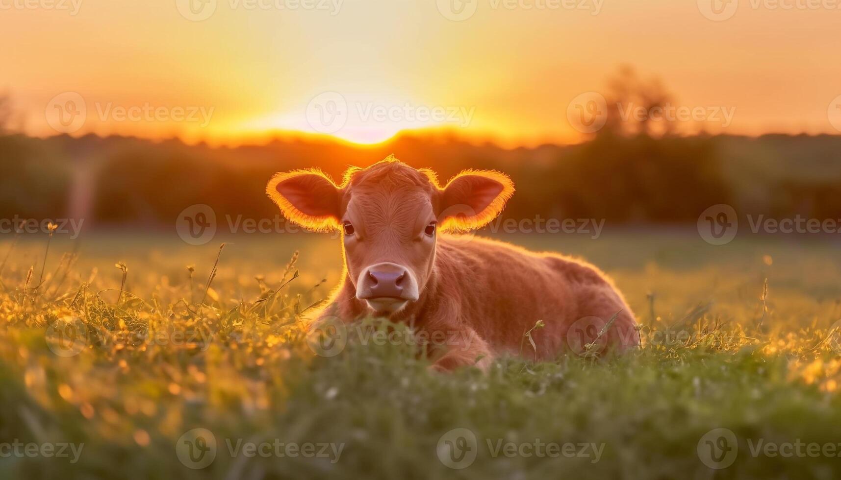 Cute cow grazing in green meadow under the sunset sky generated by AI photo