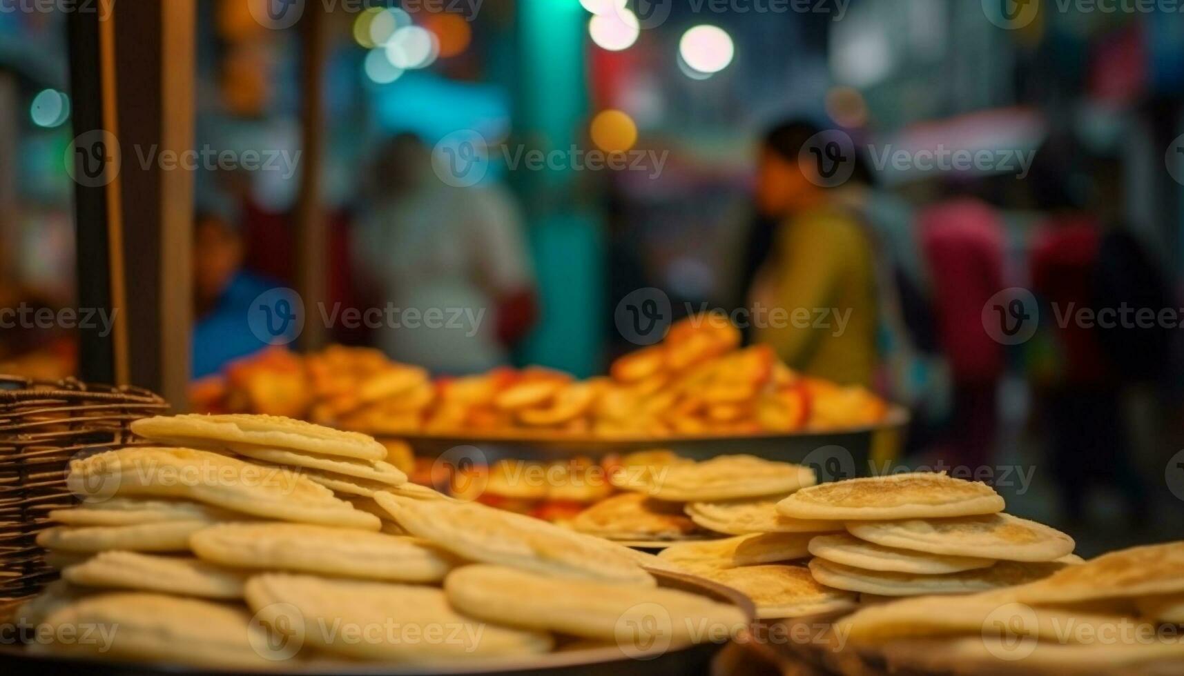 hombres y mujer comiendo calle comida en un concurrido noche mercado generado por ai foto