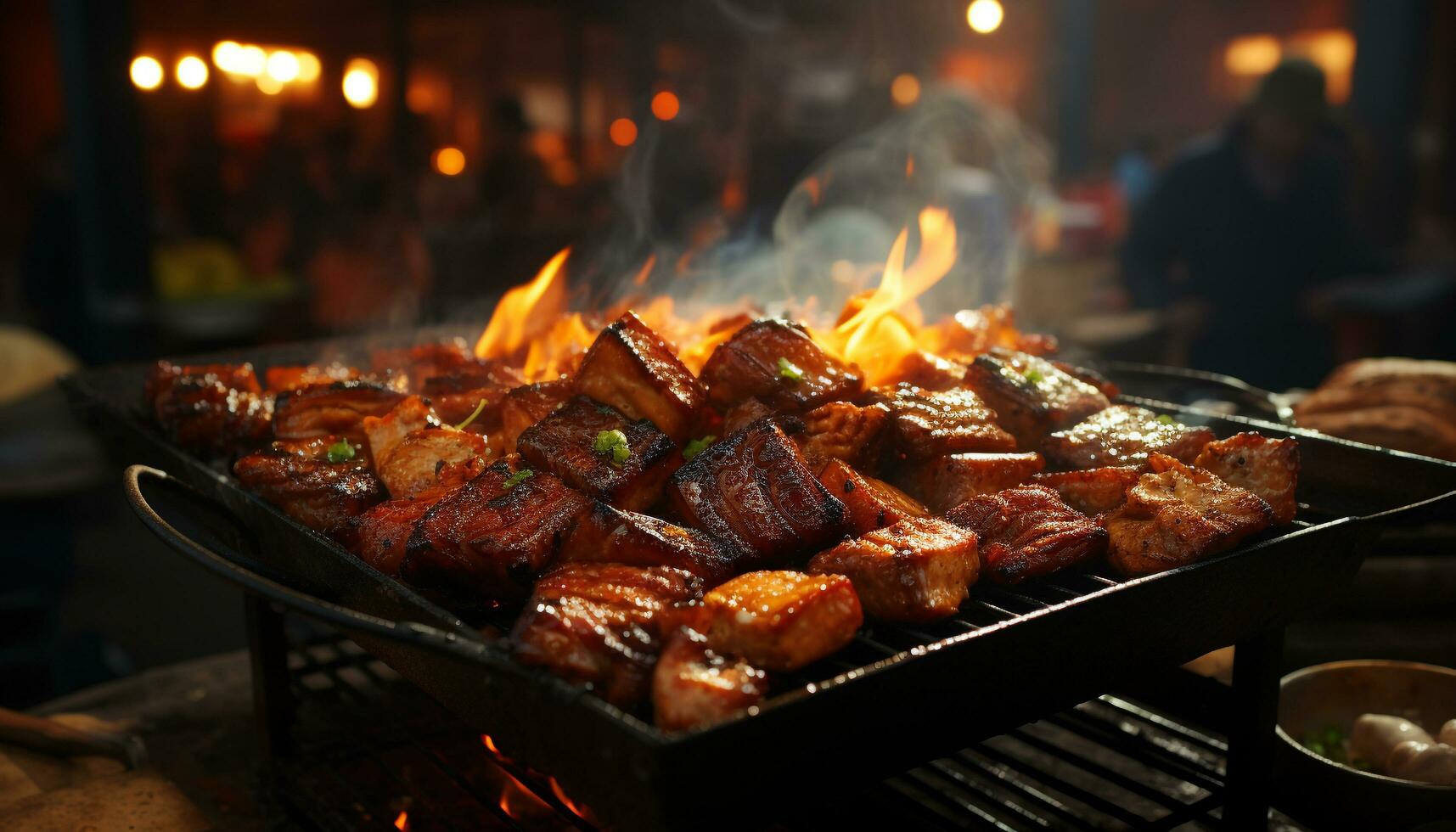 A la parrilla carne en un brocheta, llamas baile, creando un delicioso parilla generado por ai foto