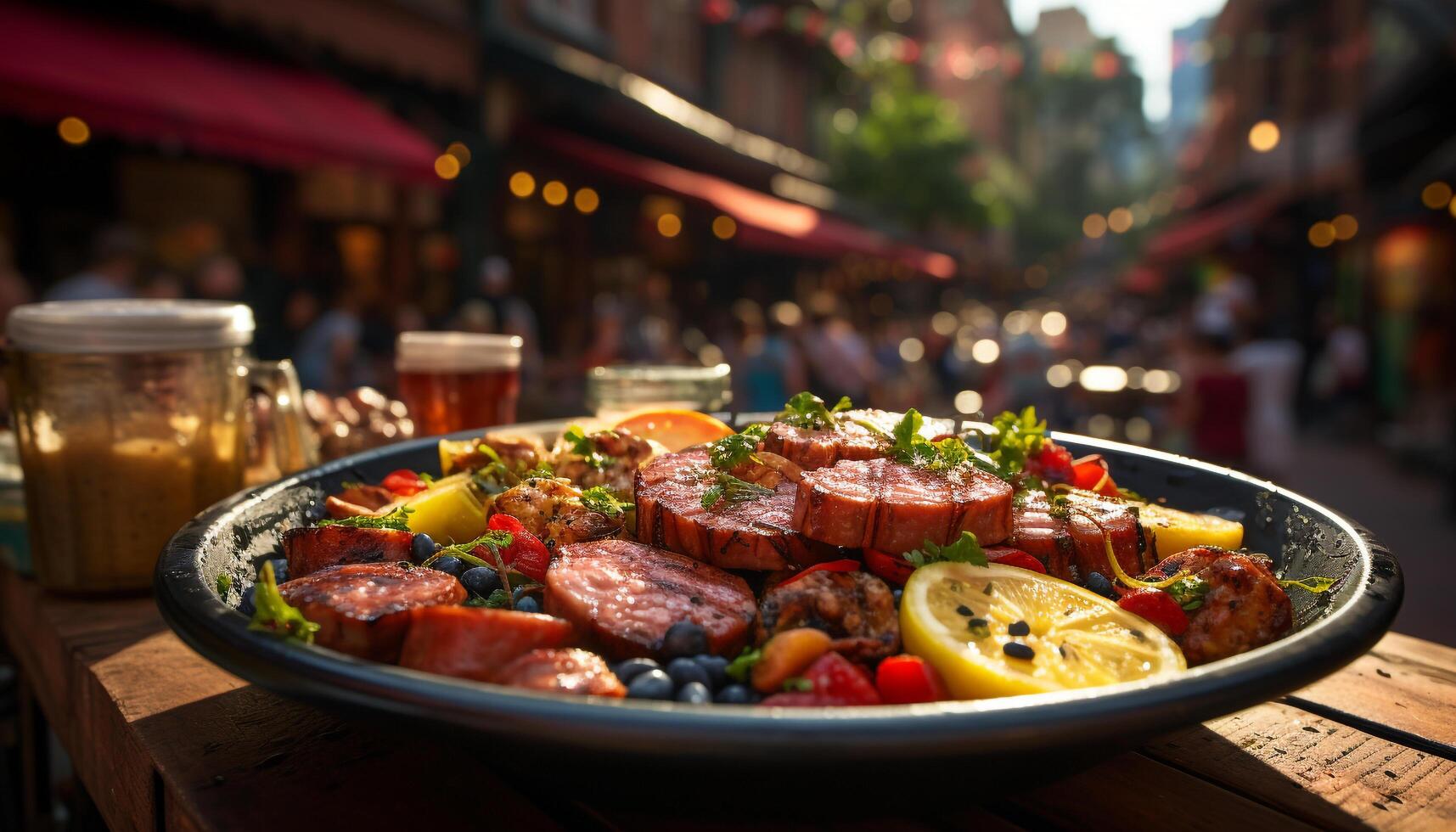 Grilled meat on a wooden table, a gourmet outdoor meal generated by AI photo