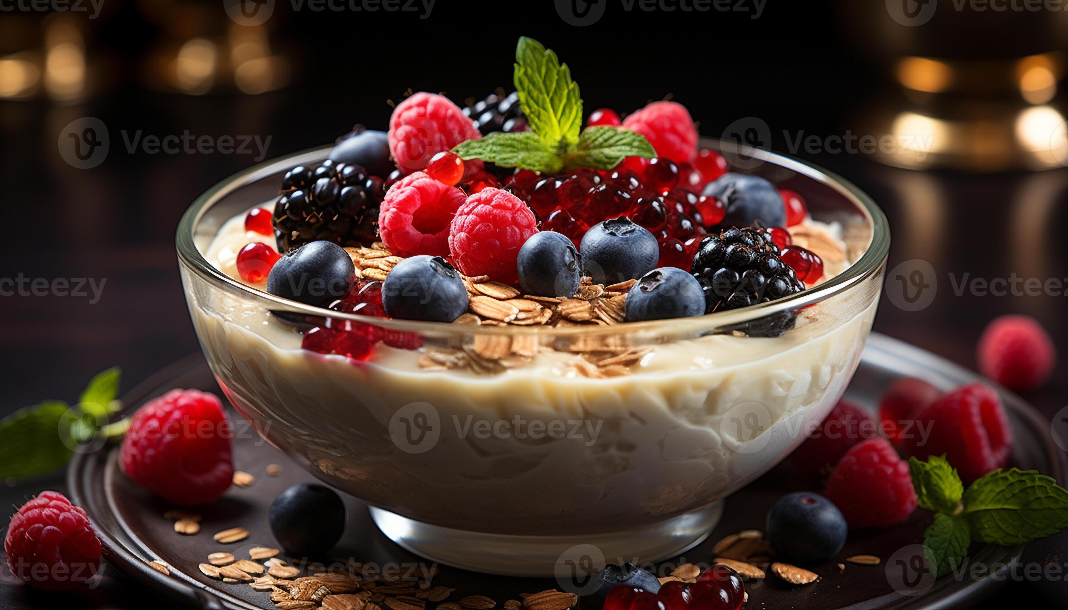 Raspberry fruit dessert, blueberry freshness, gourmet yogurt, healthy
