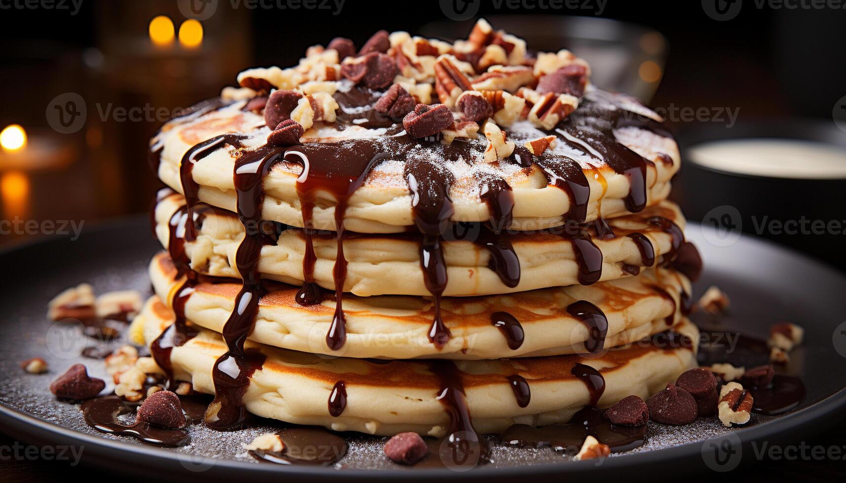 Stack of homemade chocolate pancakes on a rustic wooden plate generated by AI photo