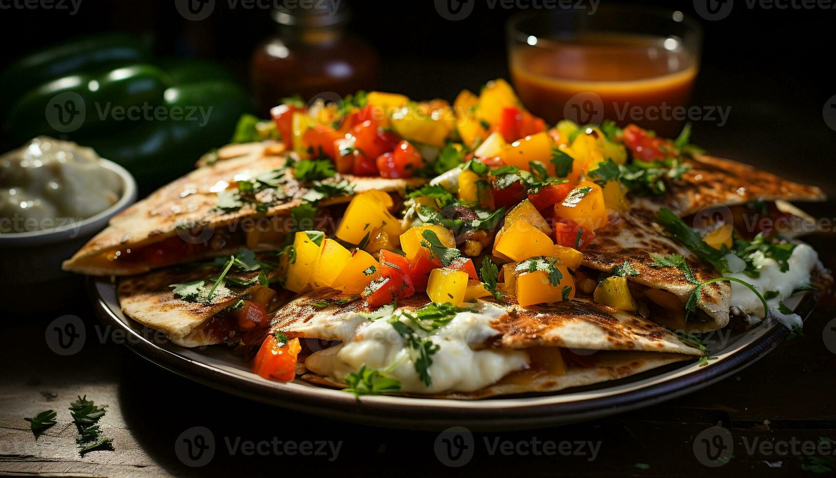 Grilled meat, fresh vegetables, gourmet salad on wooden plate generated by AI photo