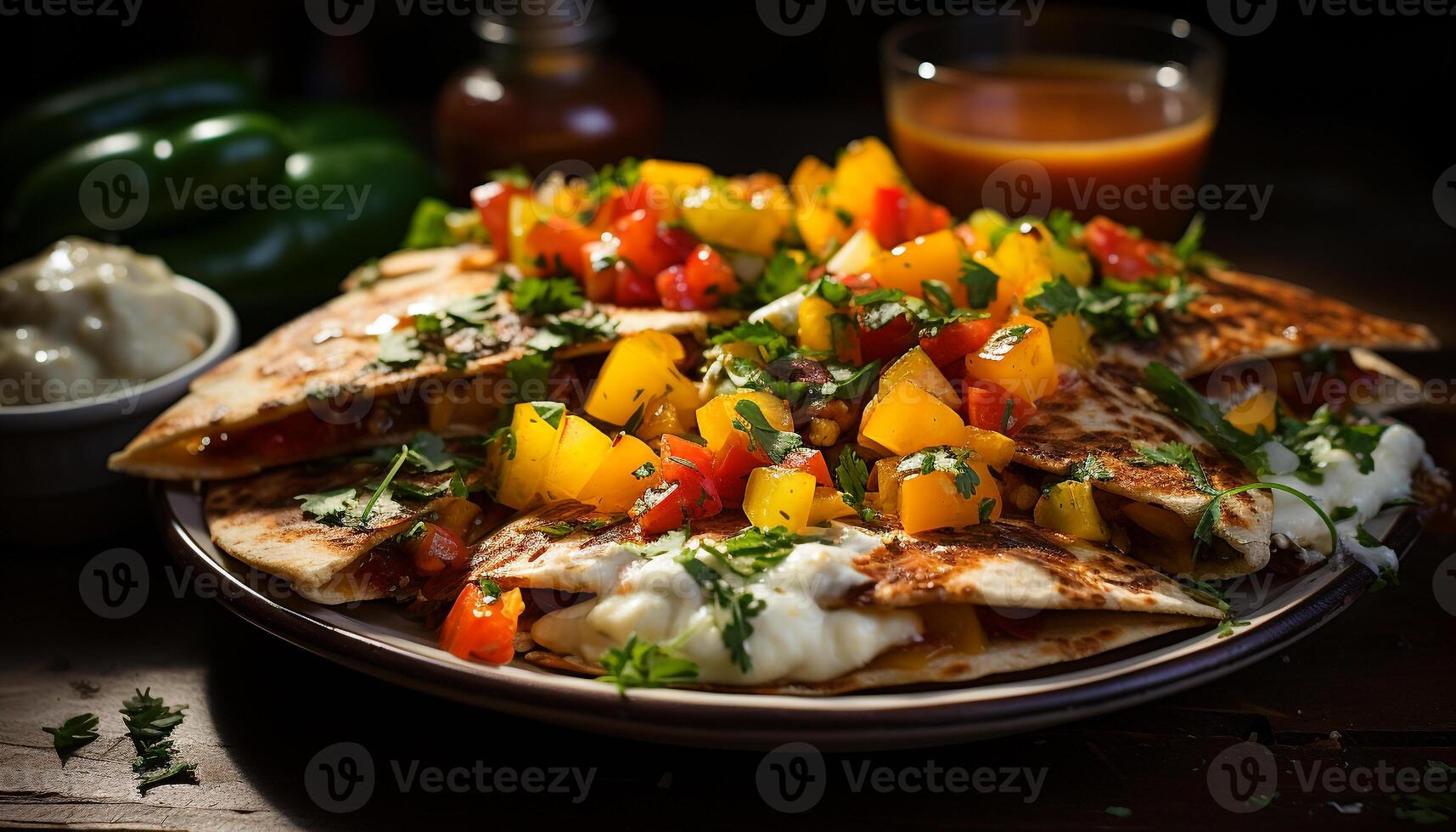 Grilled meat, fresh vegetables, gourmet salad on wooden plate generated by AI photo