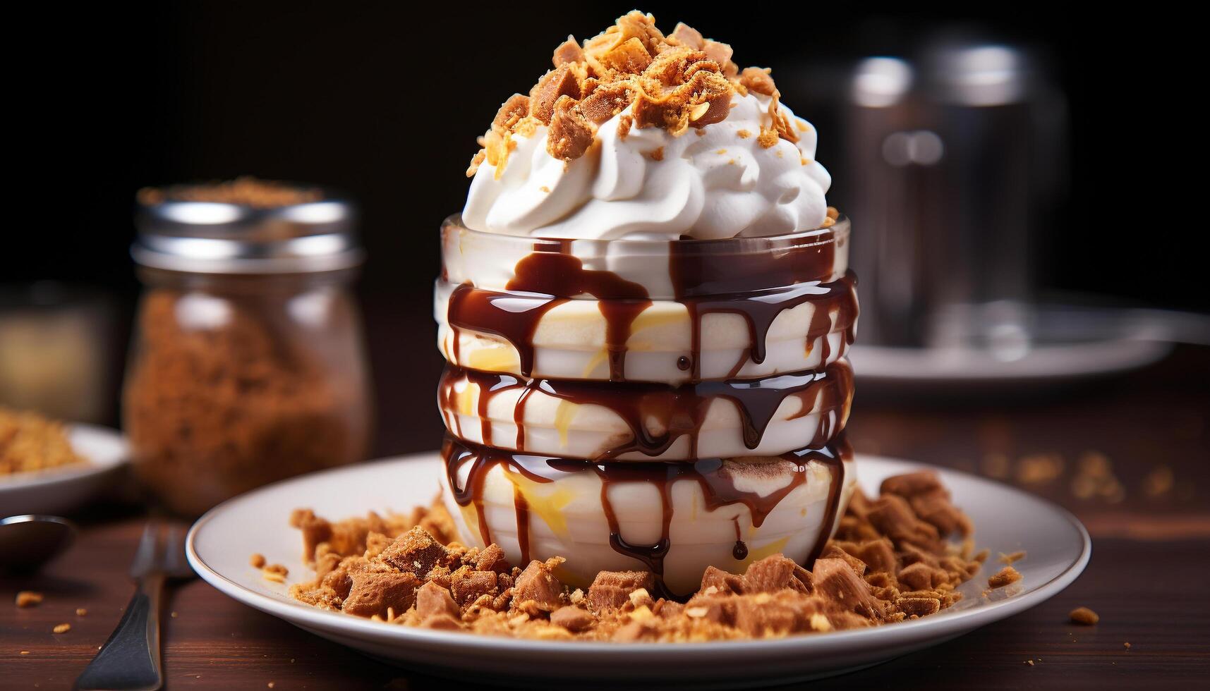 Gourmet dessert chocolate ice cream on a wooden table generated by AI photo