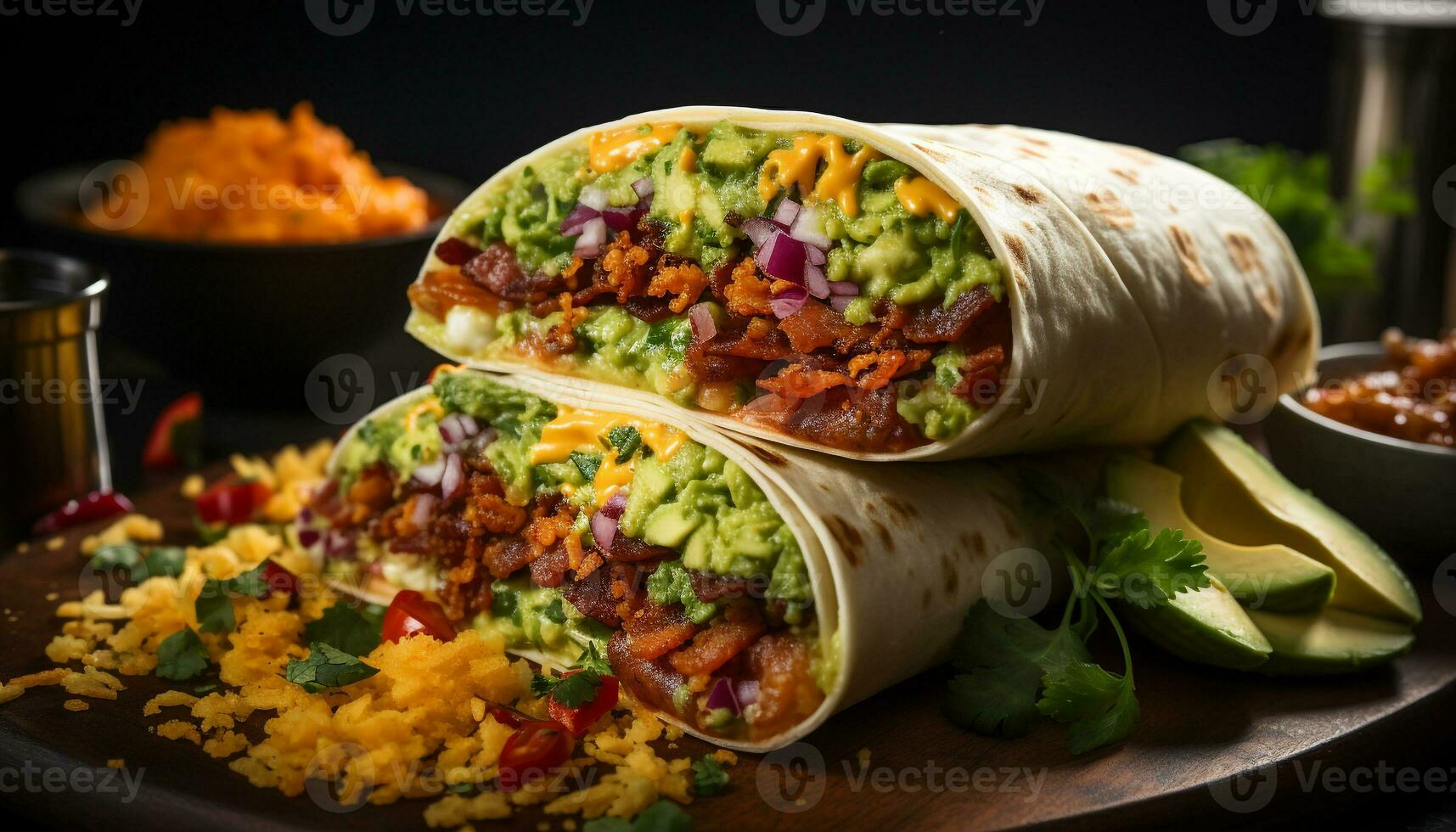 A la parrilla carne de vaca taco con guacamole, cilantro, y tomate en tortilla generado por ai foto