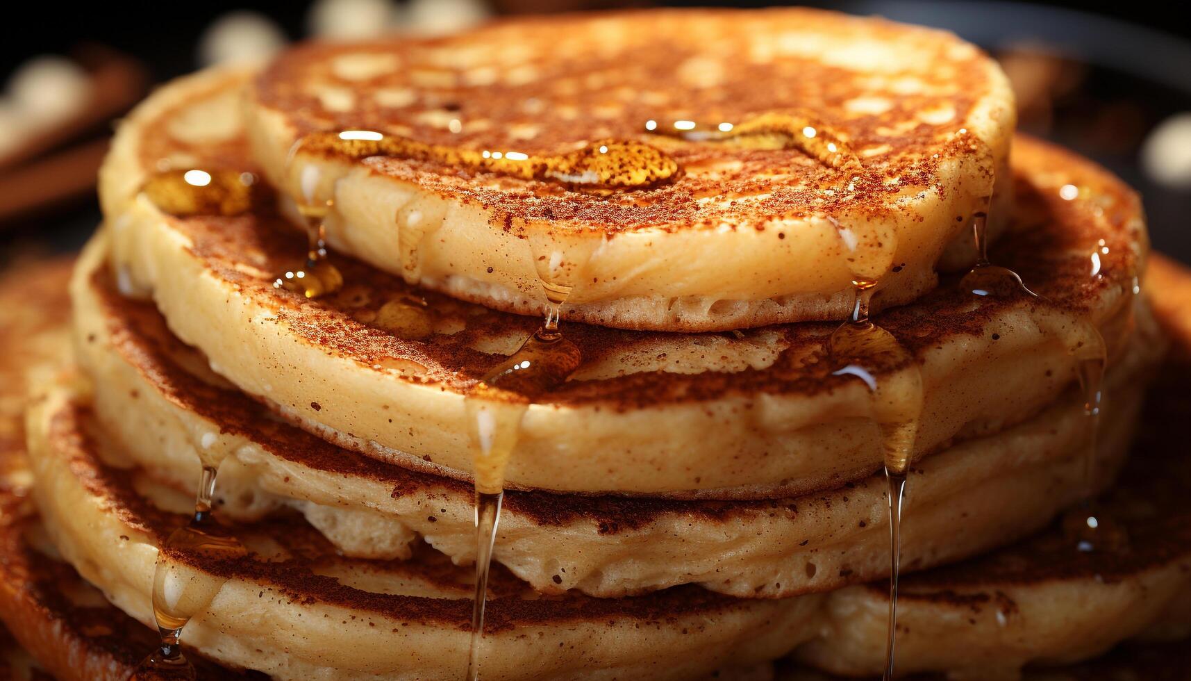 Stack of homemade pancakes with syrup, butter, and fresh berries generated by AI photo