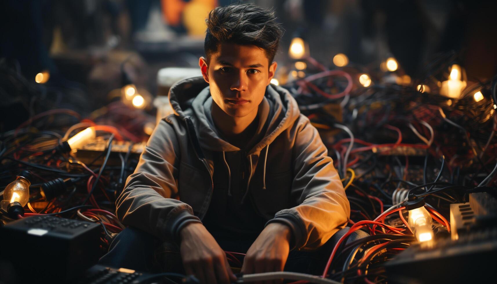 A skilled young man repairing equipment in an illuminated workshop generated by AI photo