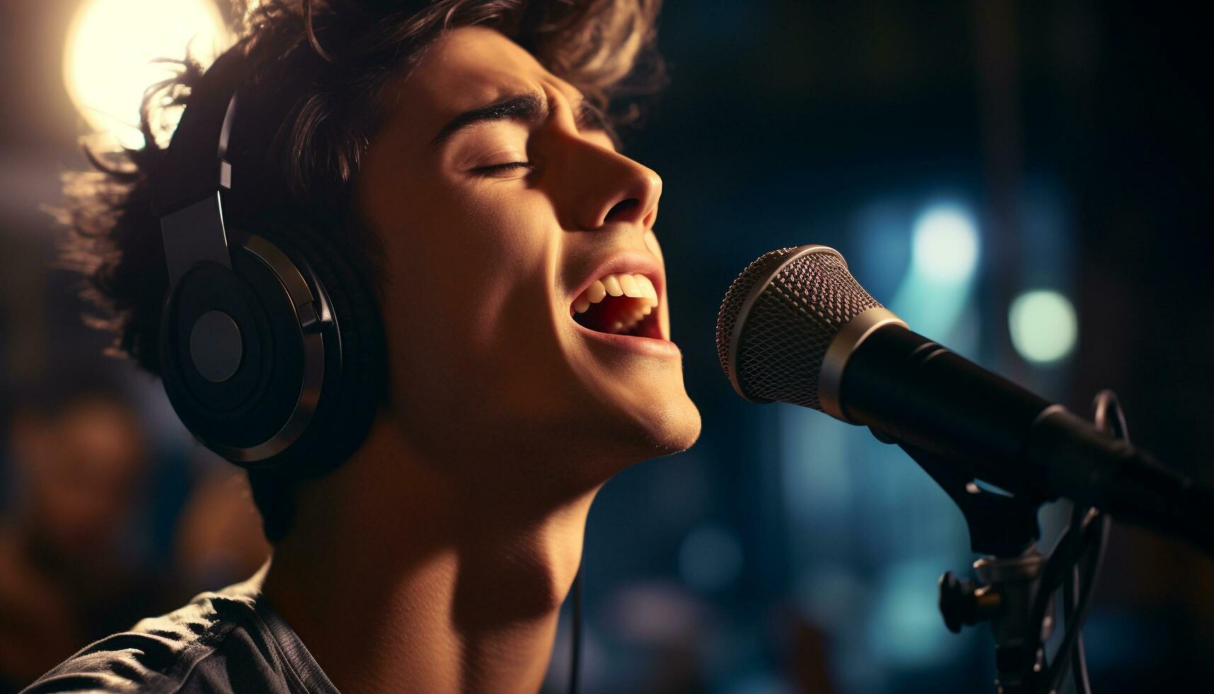 Young adult singer performing on stage with microphone and headphones generated by AI photo