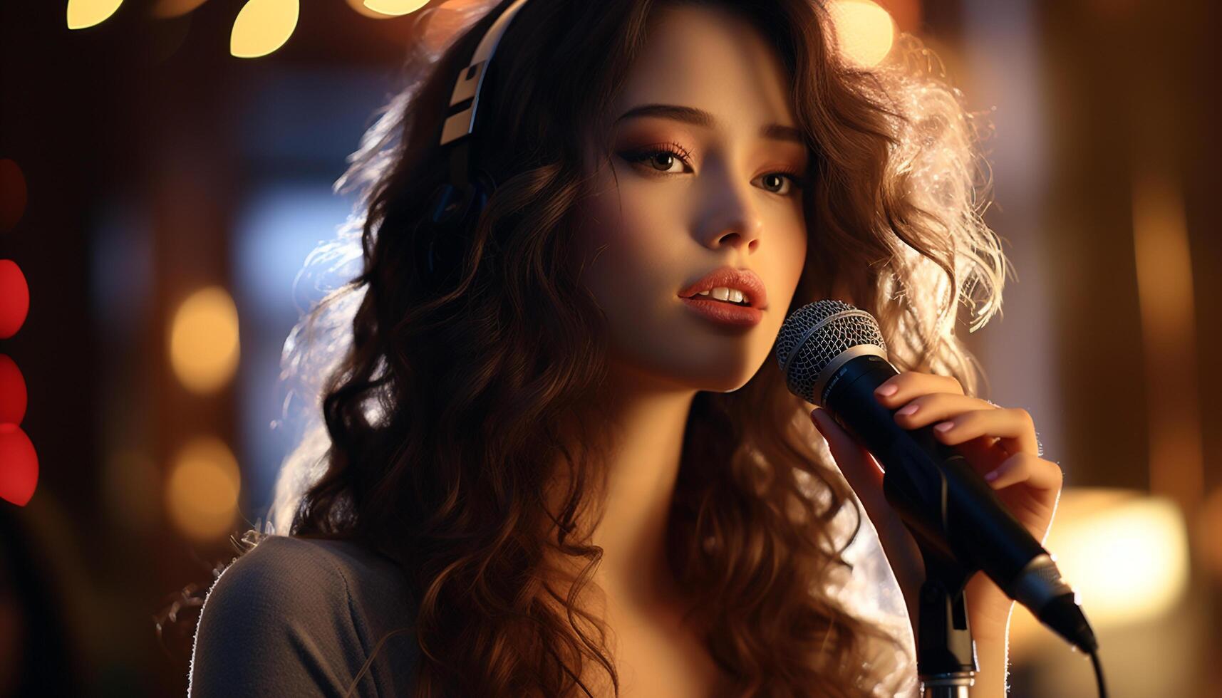 One young woman singing on stage, captivating the audience attention generated by AI photo
