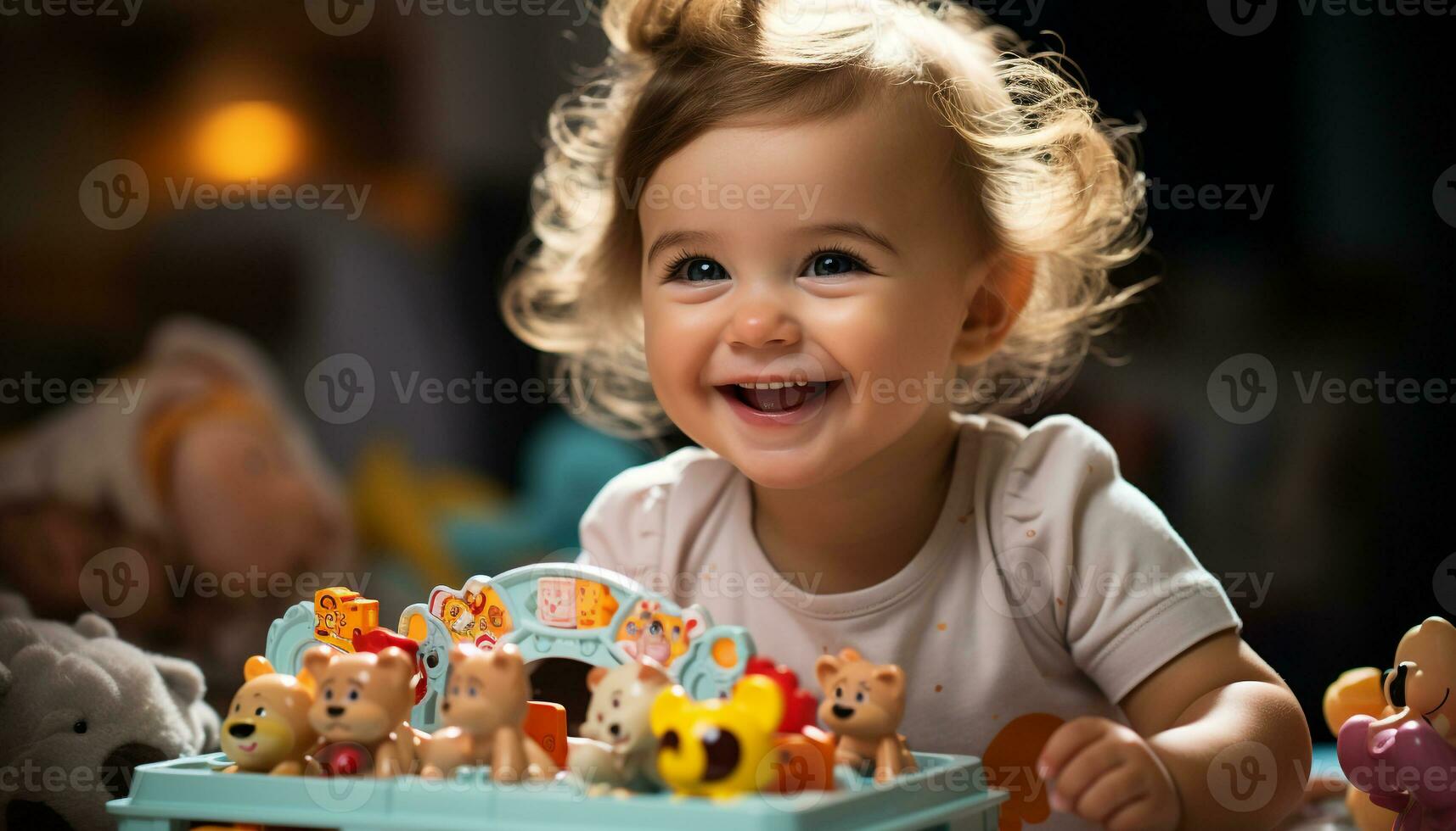 Smiling cute Caucasian child playing indoors with toy, happiness radiates generated by AI photo