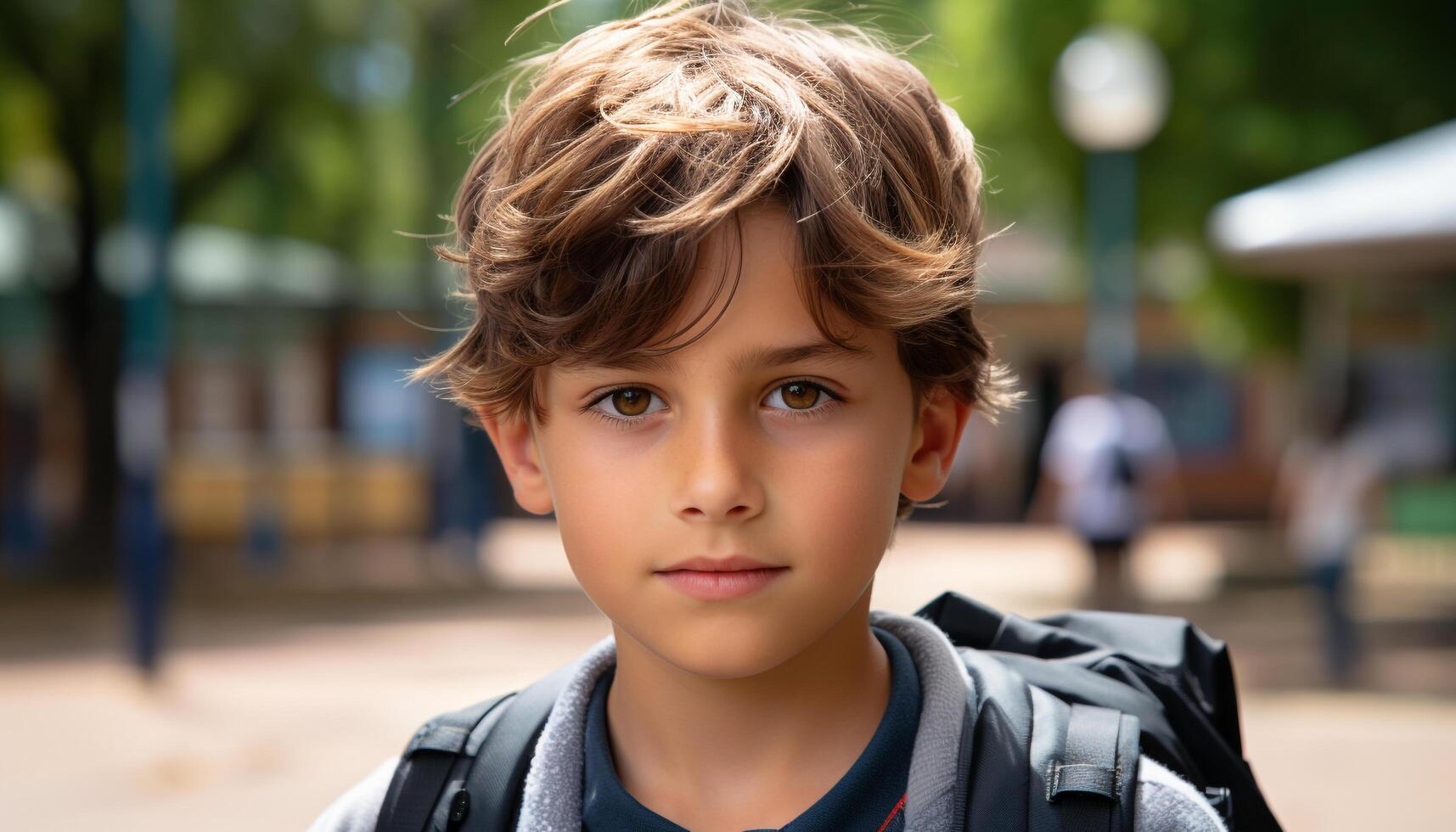 A cheerful schoolboy looking at camera, enjoying nature and learning generated by AI photo