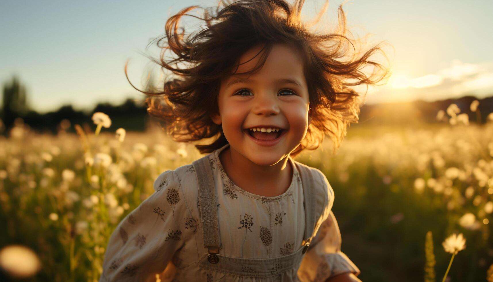 Smiling girl enjoys nature, playing in meadow, carefree and happy generated by AI photo