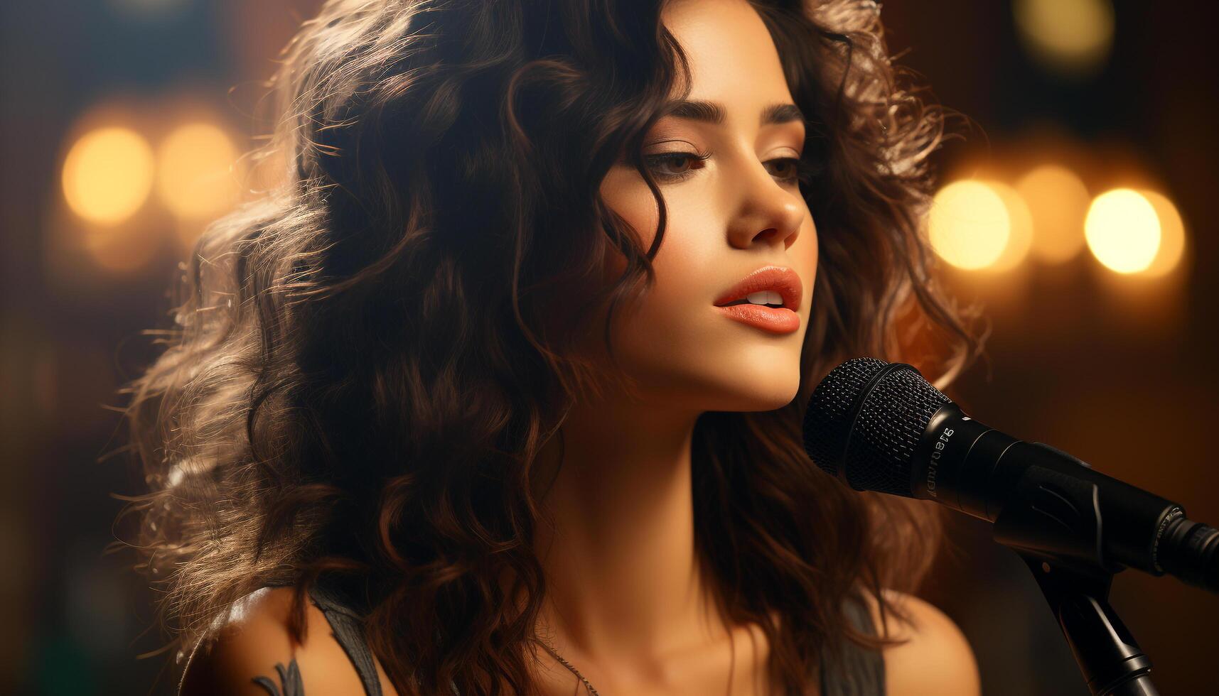 Young adult woman, microphone in hand, singing on stage with elegance generated by AI photo