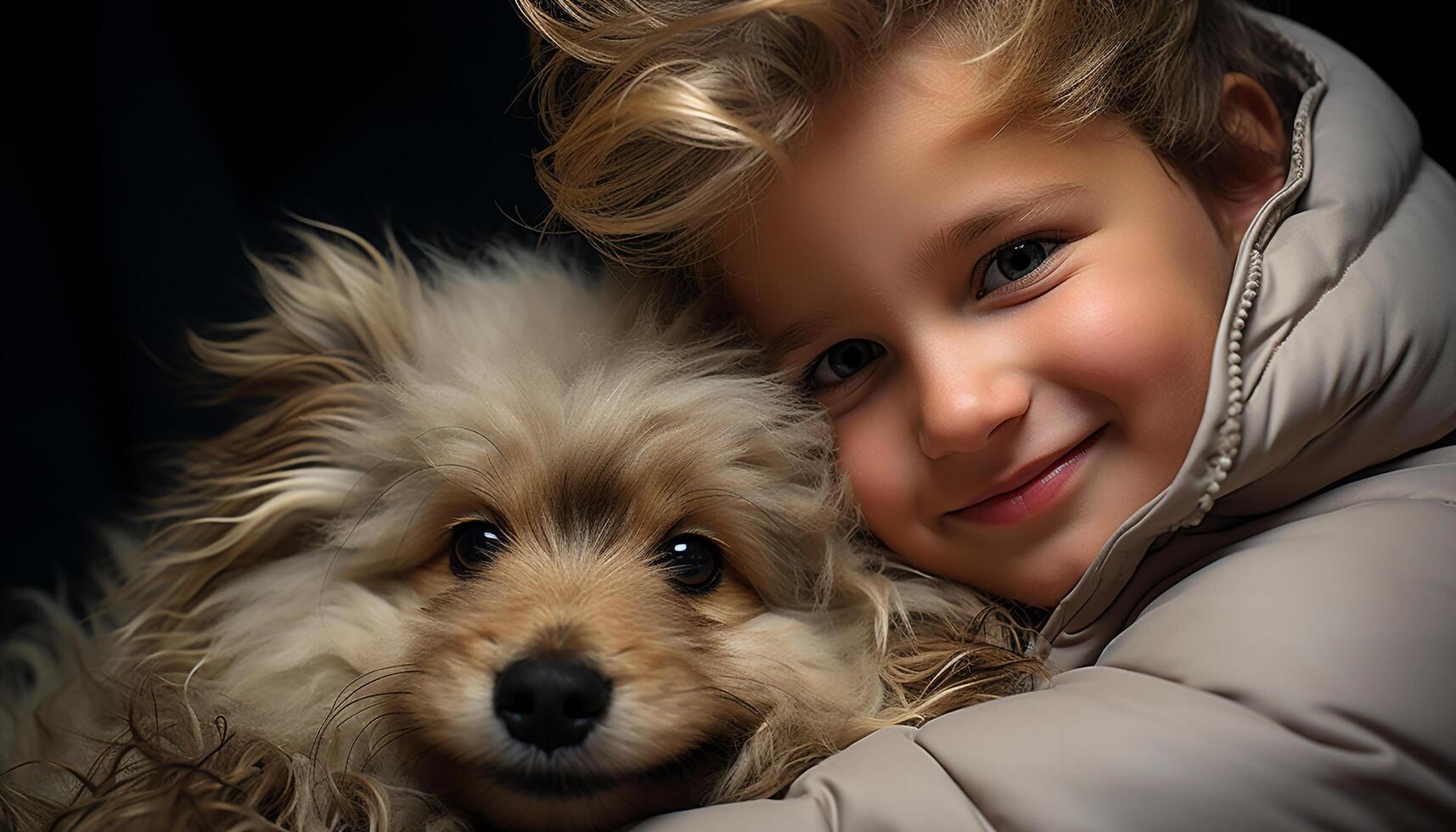 A cute small dog smiling, close up, looking at camera, happiness generated by AI photo