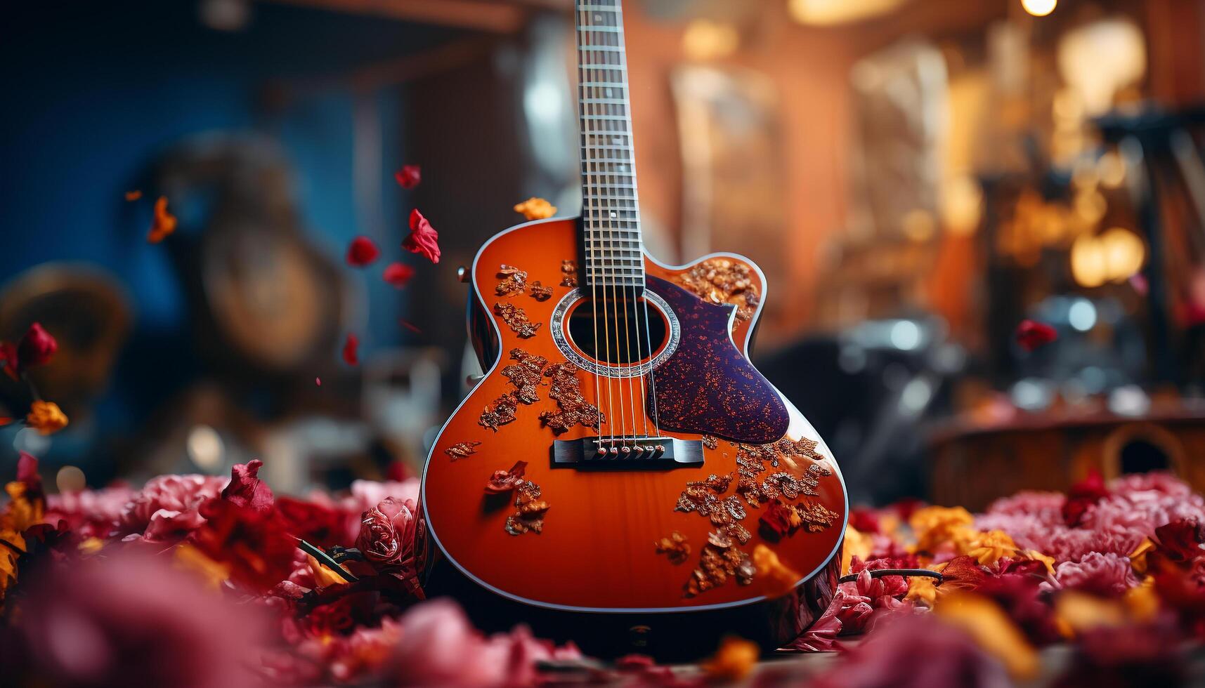 The guitarist plays the acoustic guitar on stage, plucking strings generated by AI photo