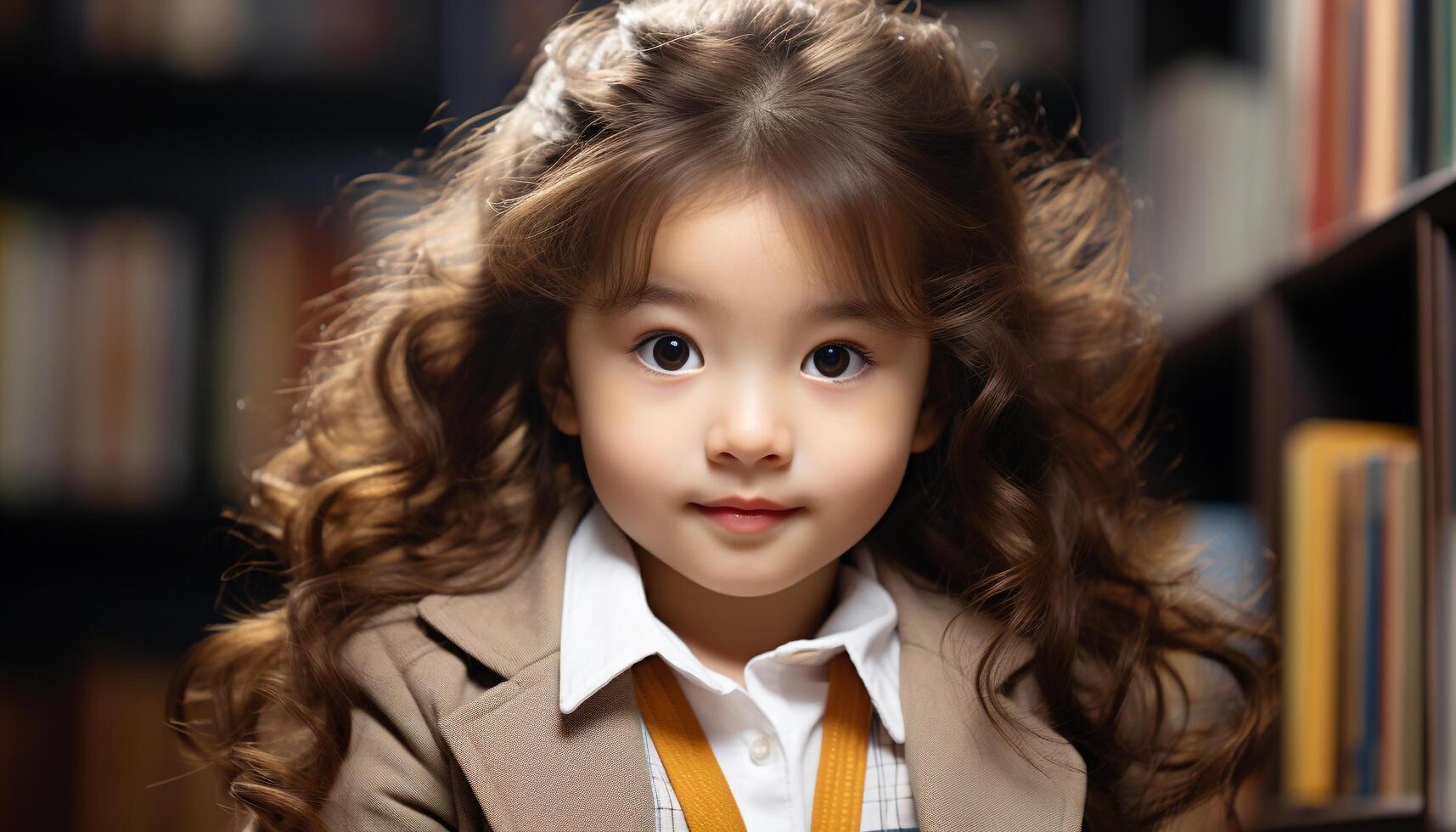 A cute, cheerful girl smiling, looking at camera in library generated by AI photo