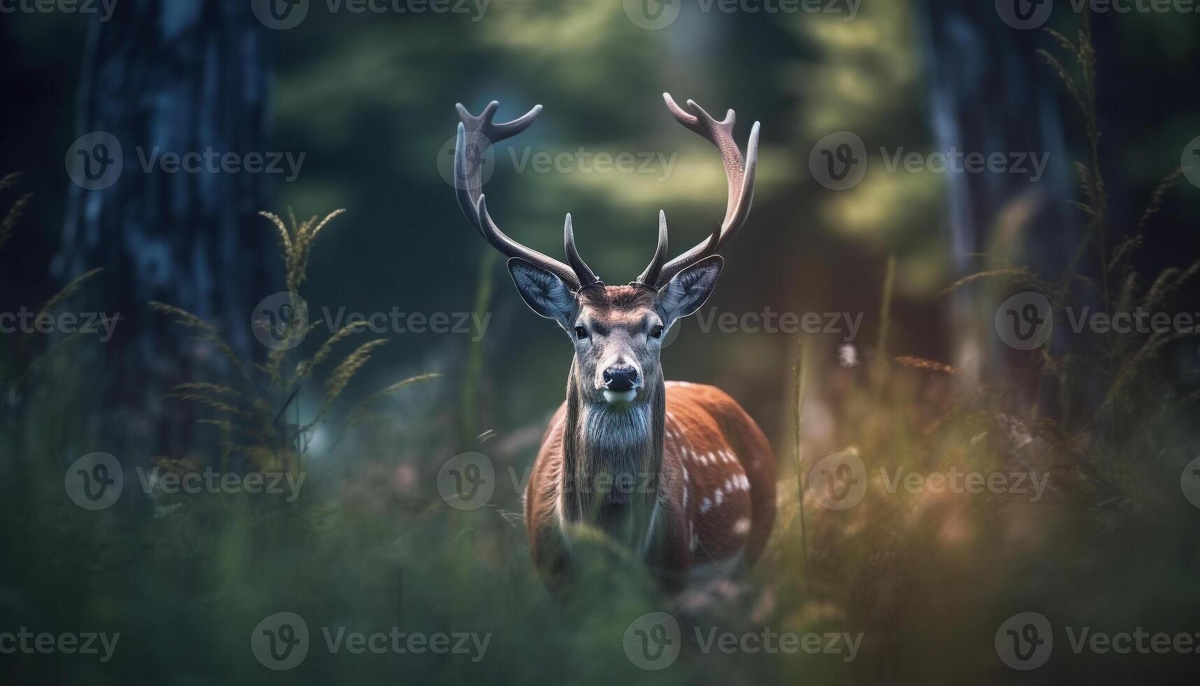 Deer standing in meadow, looking cute, hiding in tranquil forest generated by AI photo