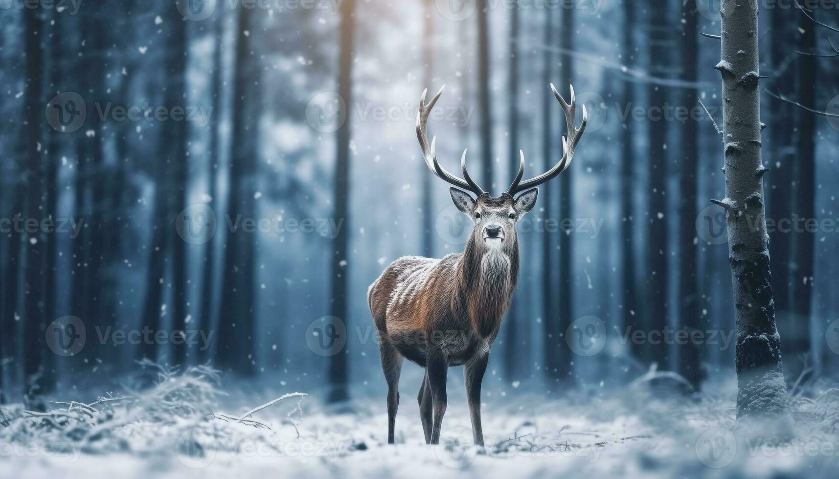 A majestic stag stands in a snowy forest, surrounded by tranquility generated by AI photo