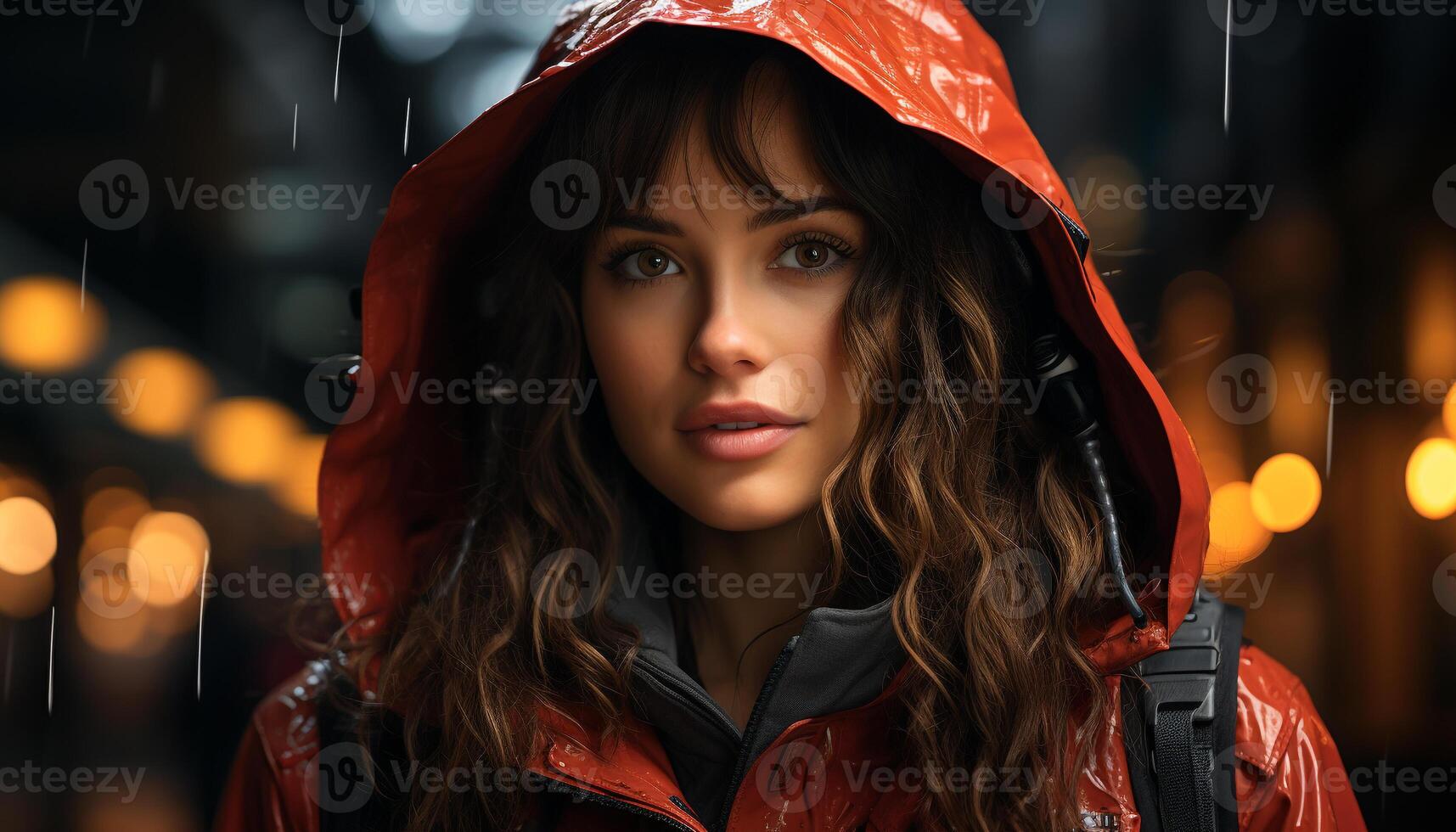 A beautiful young woman smiling in the rain, looking at camera generated by AI photo