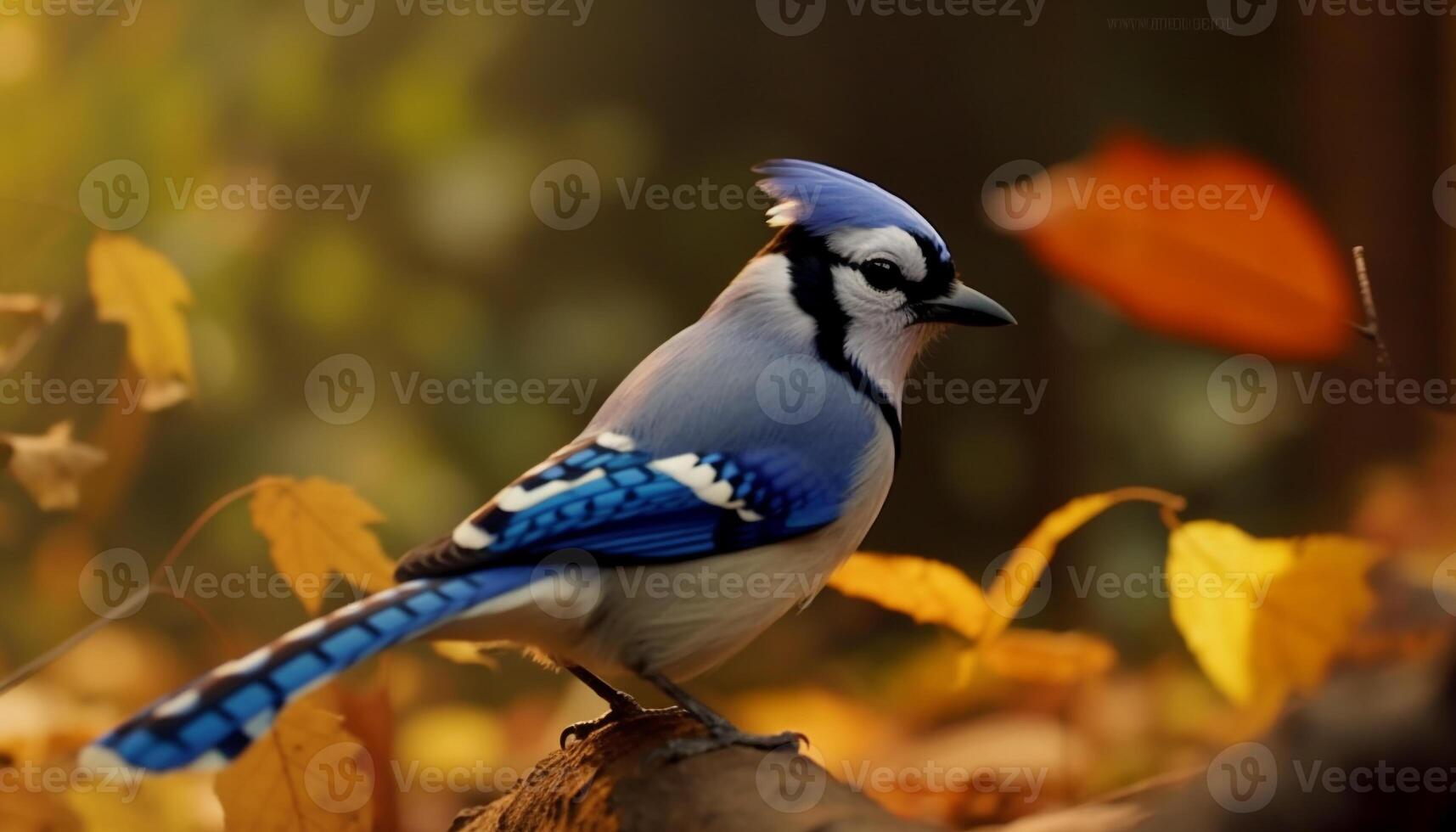 A vibrant bird perching on a branch in the autumn forest generated by AI photo