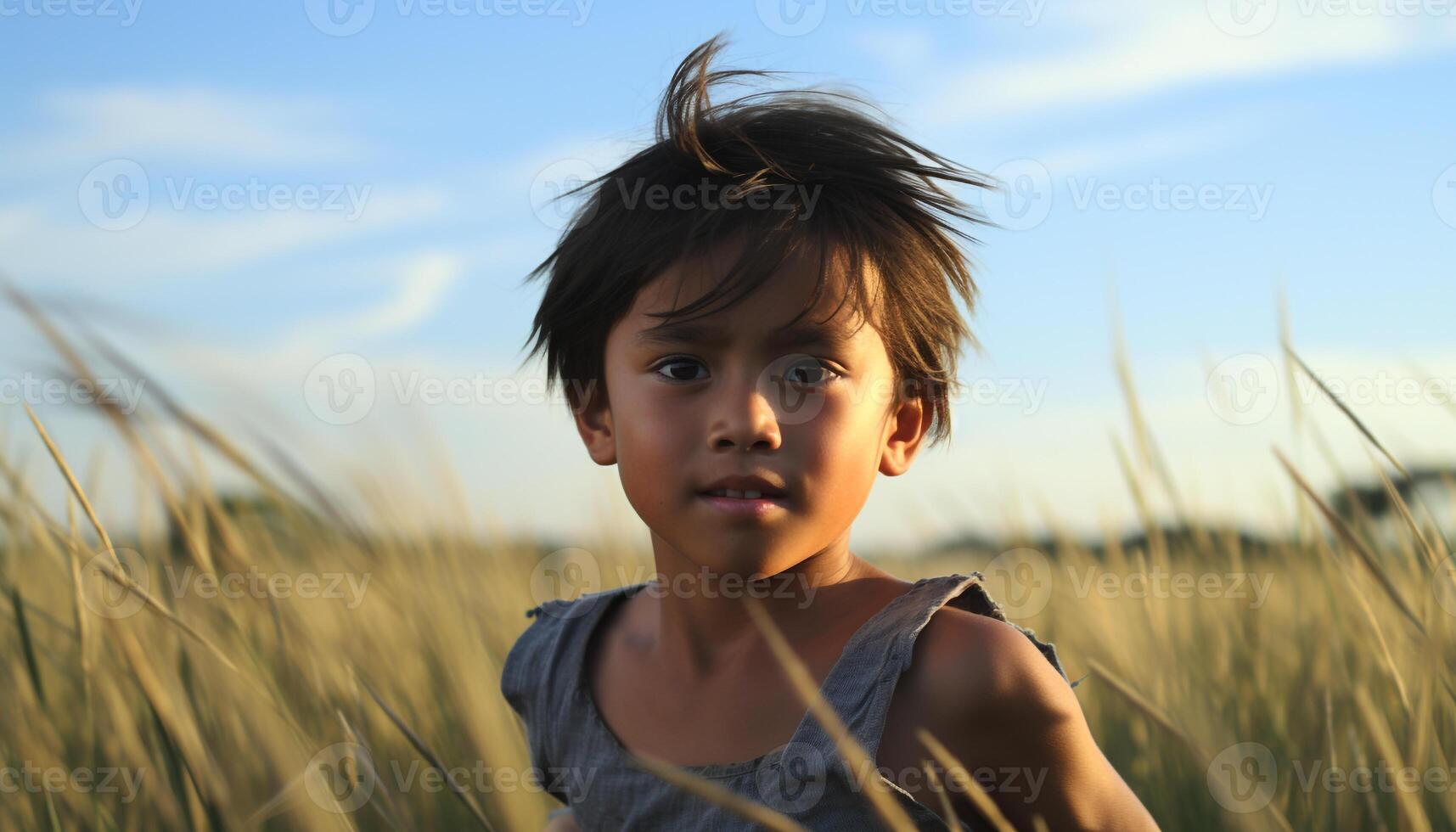 A cute boy, smiling, enjoying nature beauty in the meadow generated by AI photo