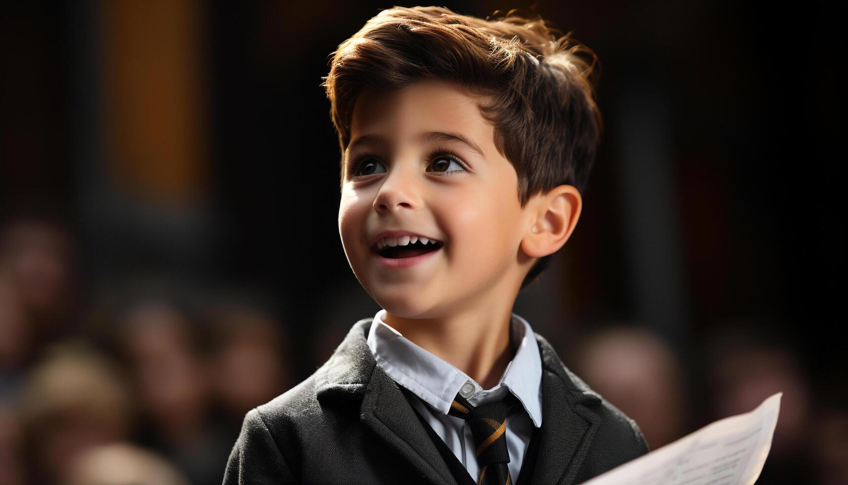 A cheerful schoolboy studying with confidence, looking at the camera generated by AI photo