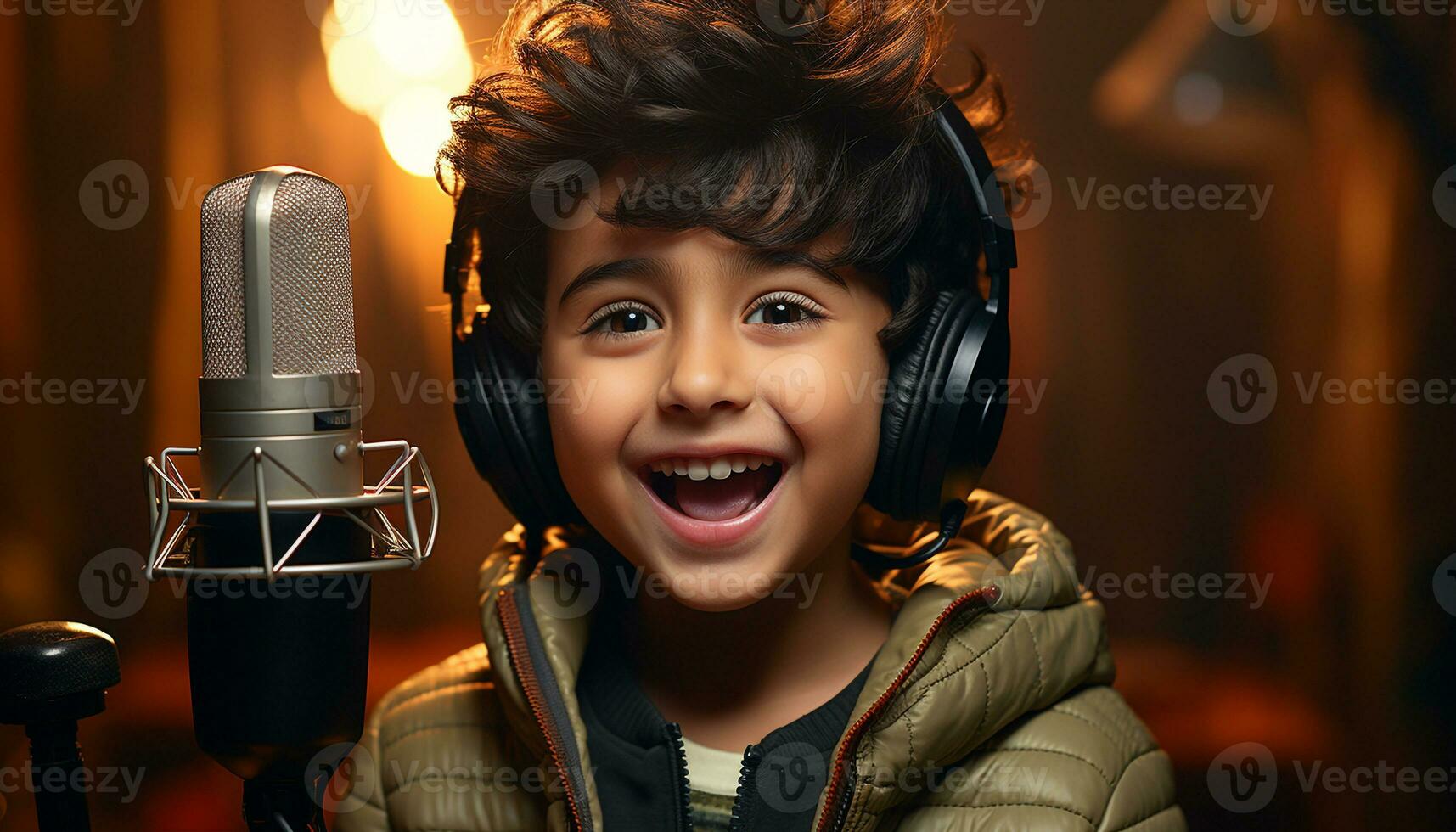 Smiling boy singing, joyful musician playing, cute child enjoying music generated by AI photo