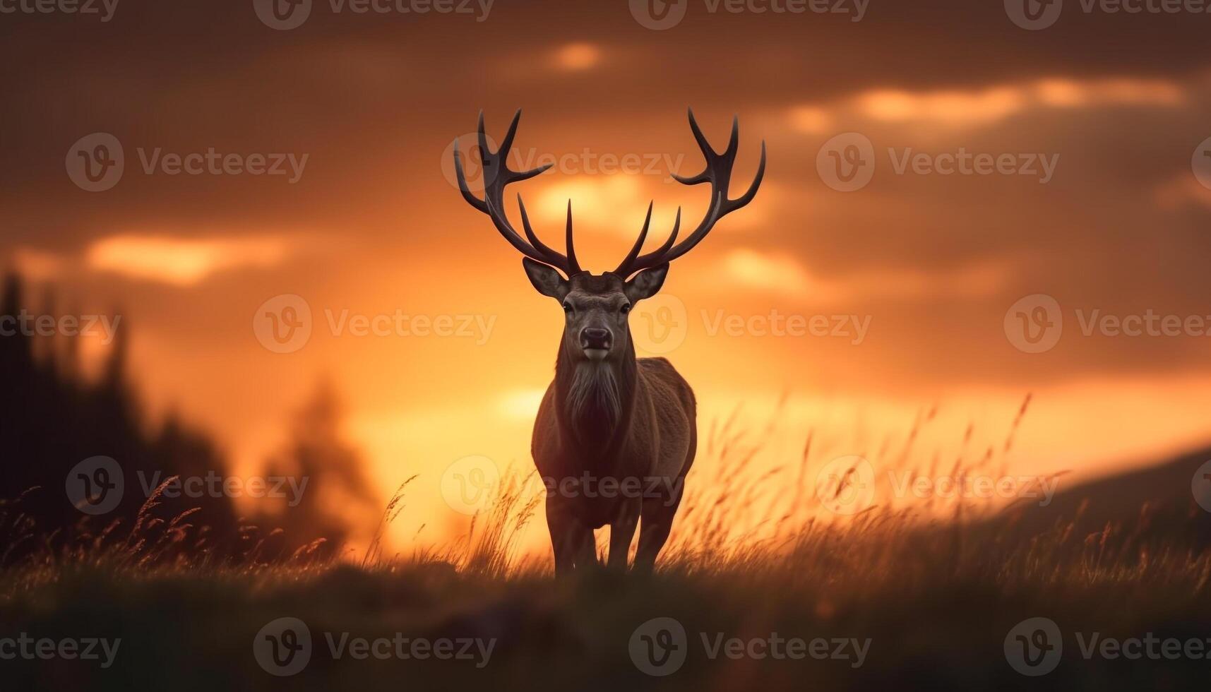 Deer grazing in meadow, silhouette against sunset, tranquil forest scene generated by AI photo