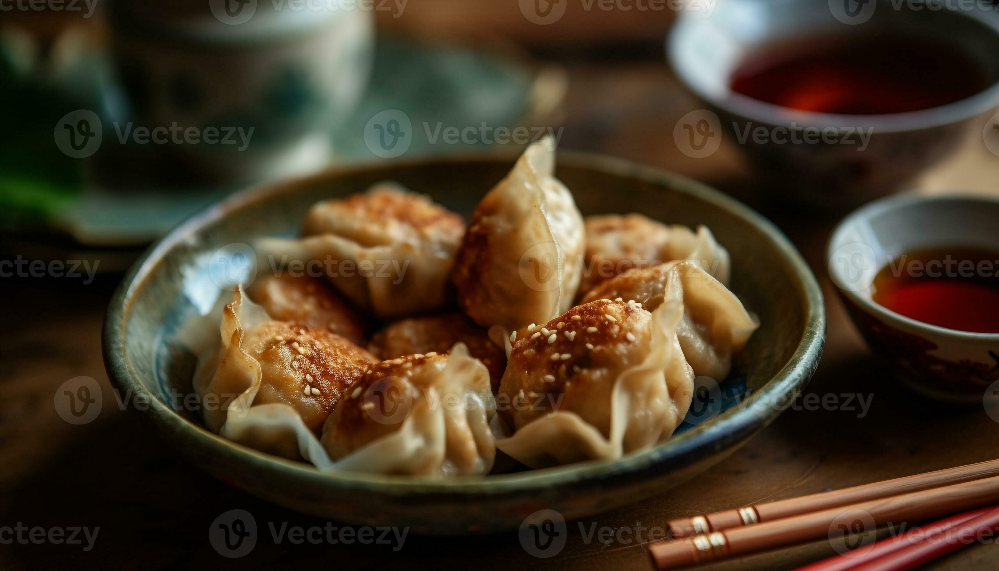 Steamed Chinese dumplings, pork and vegetable, served with soy sauce