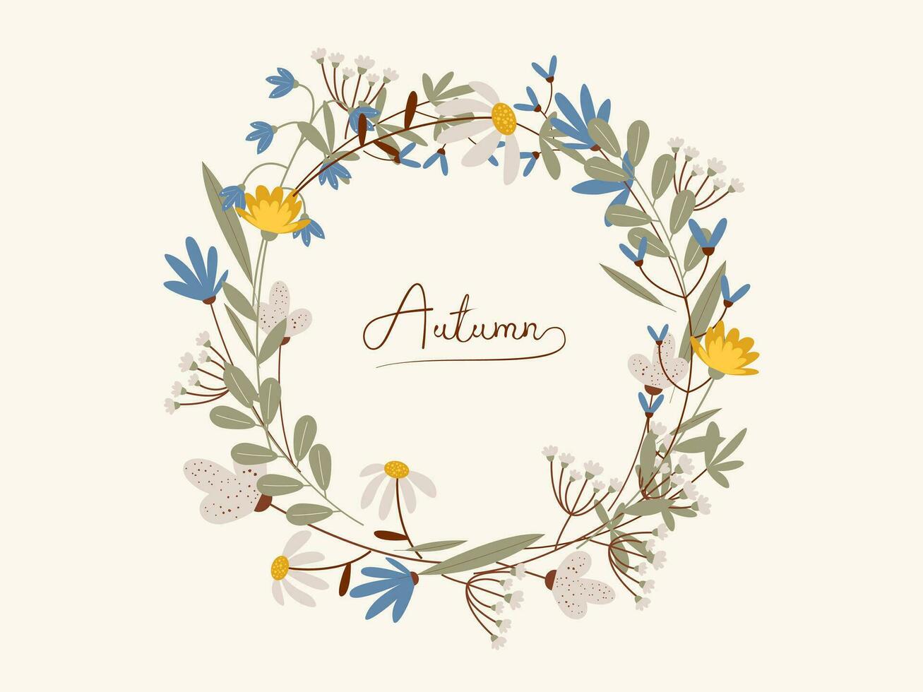 Wreath of dry field leaves. Autumn background from the herbarium. Vector illustration of wildflowers laid out in a circle. Suitable for postcards, invitations, t-shirt prints.