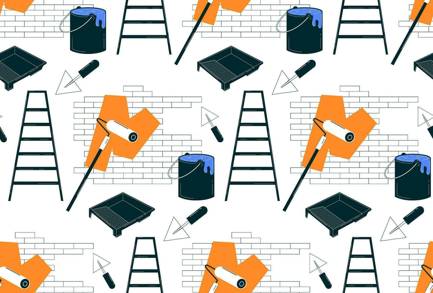 Seamless background with painting tools in retro style. Retro linear illustration in 60s, 70s style. Vintage pattern on the topic of repair. vector