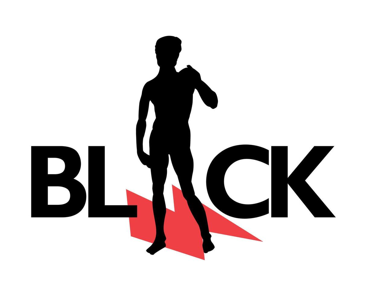 Black. Silhouette of a naked man next to black letters and the symbol of thunderbolt  in red. Statue of David from Florence, Italy made by Michelangelo. vector