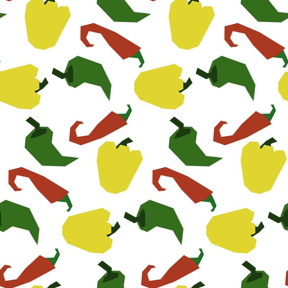 Seamless pattern with multicolored peppers of different varieties in bright cheerful colors. Bulgarian, chili, jalapeno in red, yellow and green colors on a white background vector