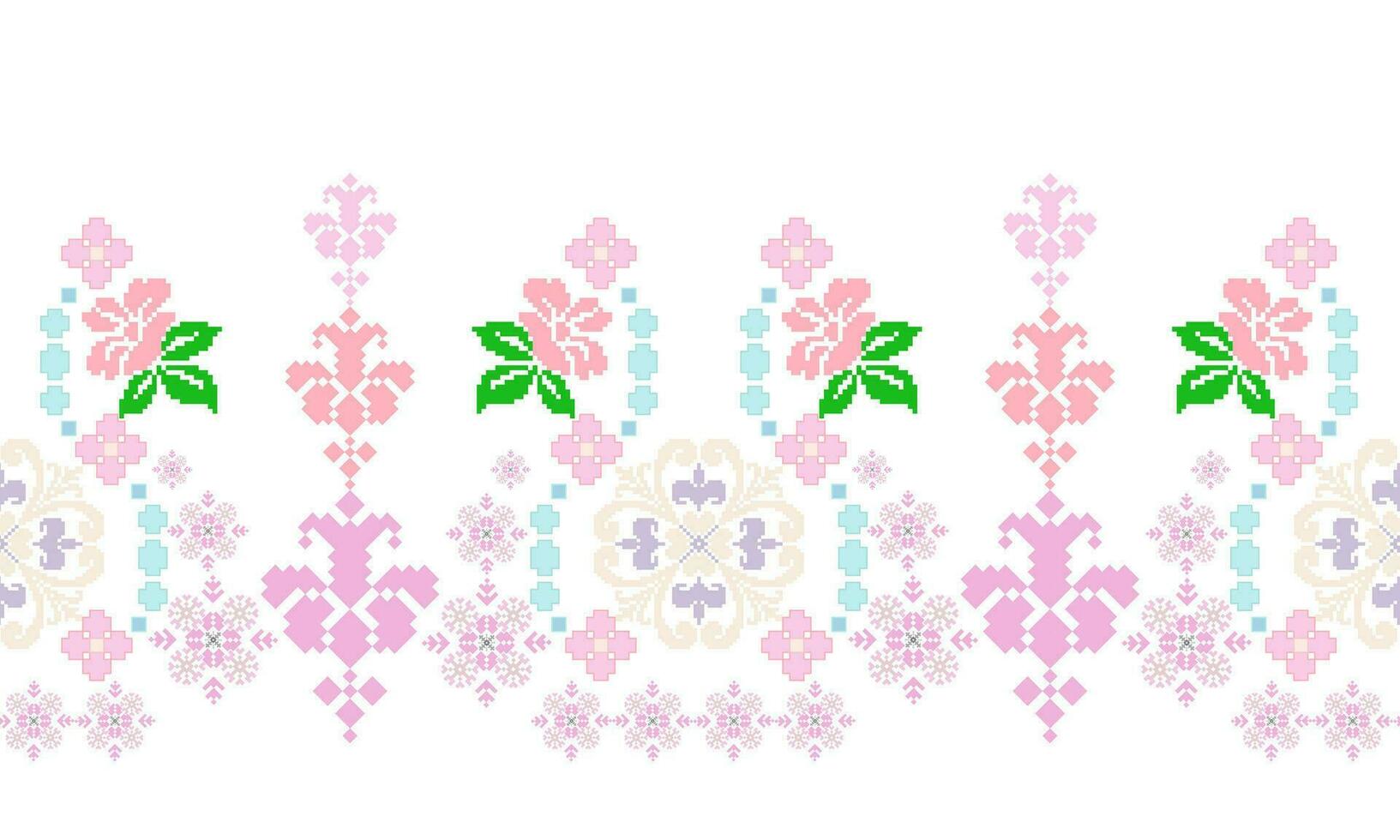 Floral Cross Stitch Embroidery on white background.geometric ethnic oriental seamless pattern traditional.Aztec style abstract vector illustration.design for texture,fabric,clothing,wrapping,sarong.