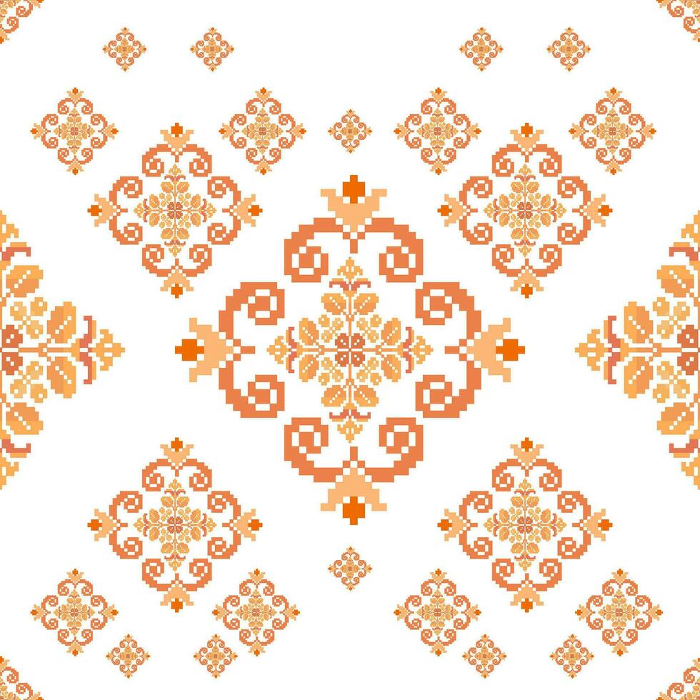 Floral Cross Stitch Embroidery on white background.geometric ethnic oriental seamless pattern traditional.Aztec style abstract vector illustration.design for texture,fabric,clothing,wrapping,sarong.