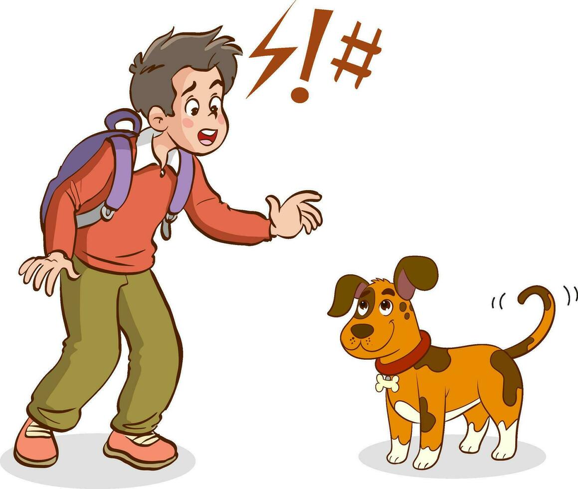 vector illustration of kid afraid of dog