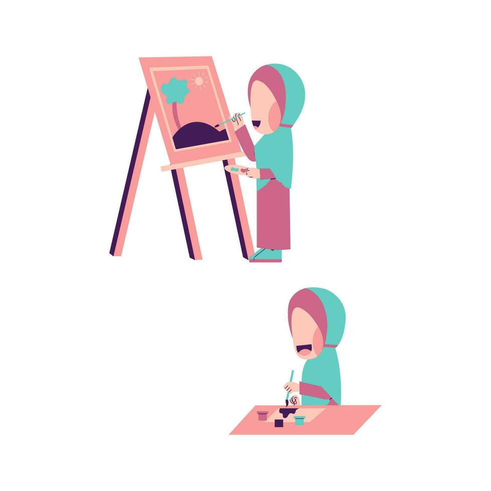 Set Of Hijab Girl Painting vector