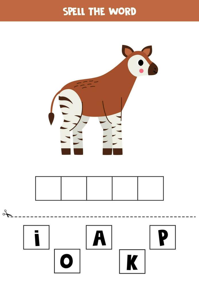 ortografía juego para preescolar niños. linda dibujos animados okapi. vector