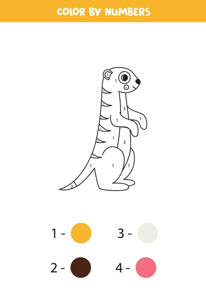 Color cartoon meerkat by numbers. Worksheet for kids. vector