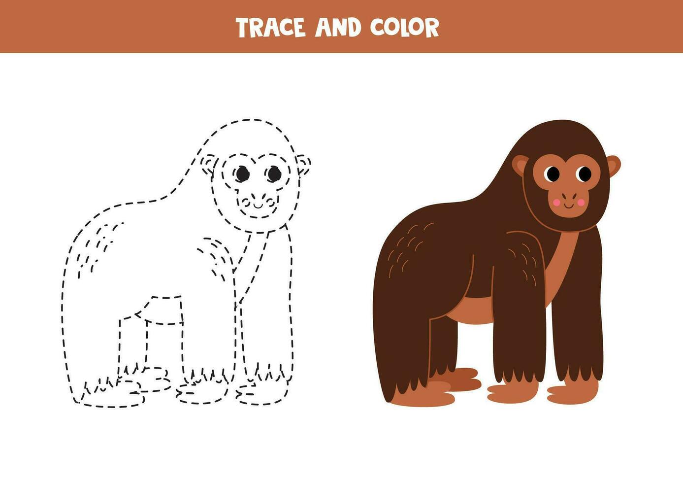 Trace and color cute cartoon gorilla. Worksheet for kids. vector