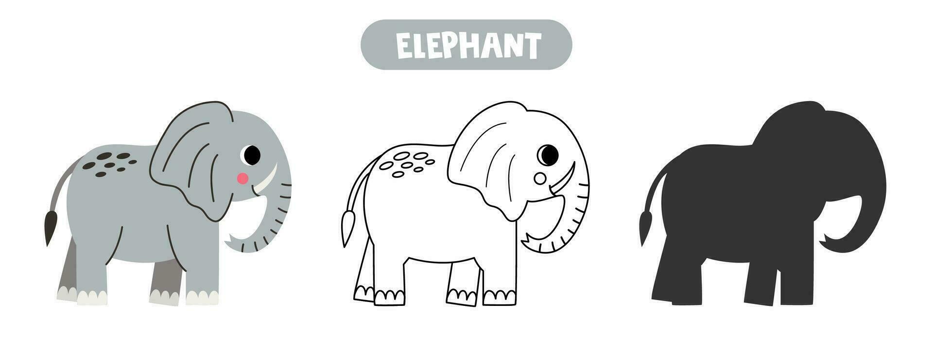 Colorful picture, black and white illustration, vector silhouette. Cute cartoon elephant.